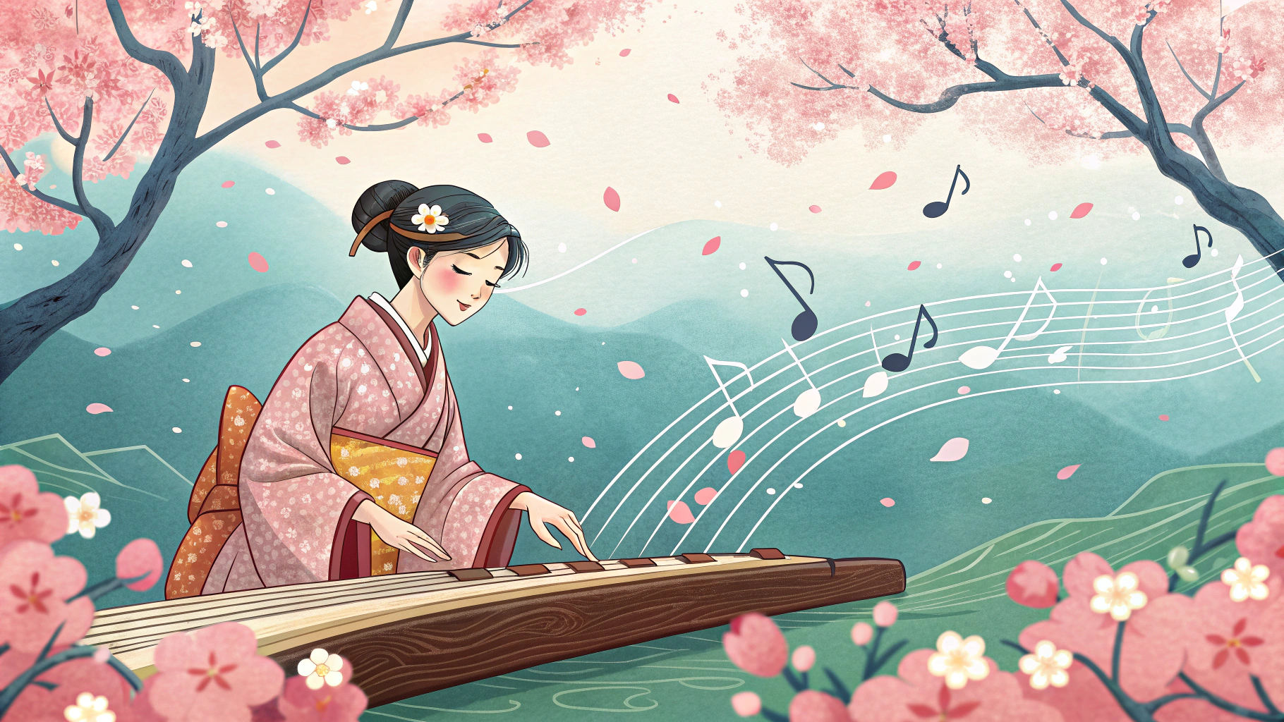 桜の木の下で琴を演奏する着物姿の女性