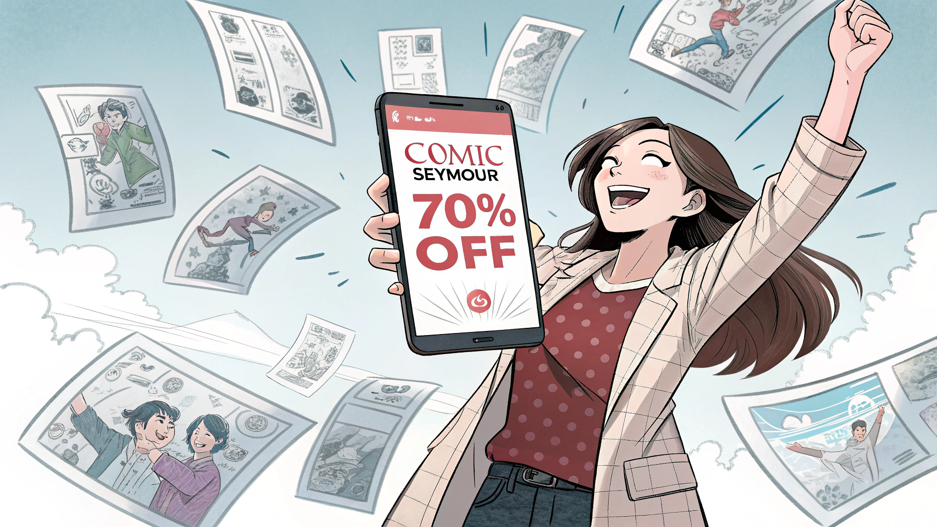 スマホ画面の漫画アプリ70%オフセールに喜ぶ女性